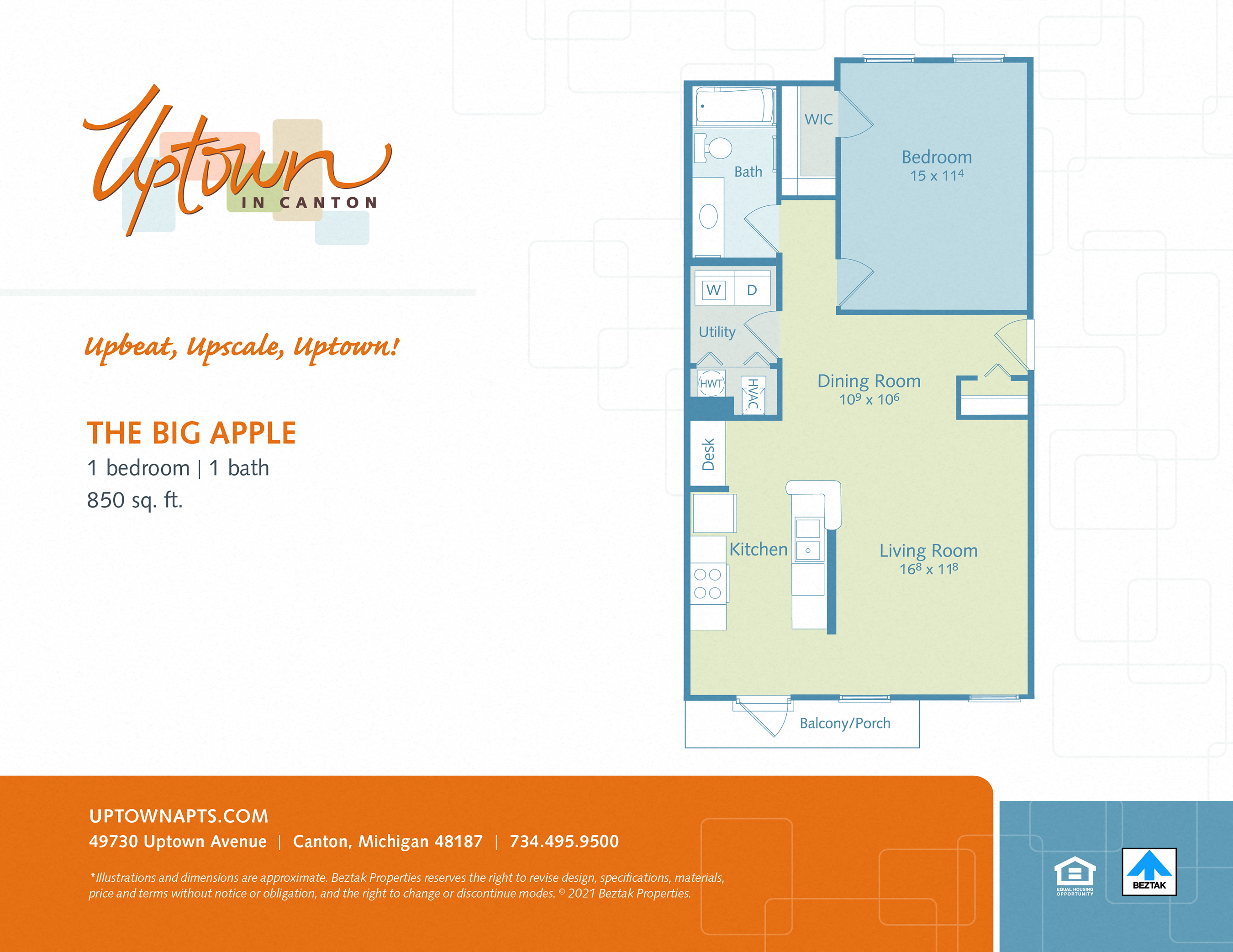 Floor plan for 1 bed, 1 bath, 850 sqft